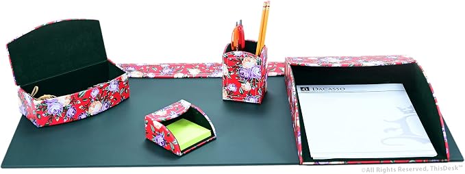 This Desk by Dacasso PU Leather Desk Set - Luxury Leather Desk Pad & Desk Organization Essentials - Office Organization & Executive Office Desk Decor - (Floral Red, 5 Piece)