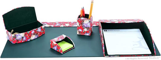 This Desk by Dacasso PU Leather Desk Set - Luxury Leather Desk Pad & Desk Organization Essentials - Office Organization & Executive Office Desk Decor - (Floral Red, 5 Piece)