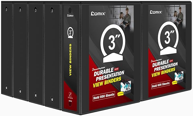 Comix Sturdy 3 inch Round Ring View Binder, Basic 3 Ring Binder 600-Sheet Capacity, Fit 8.5" x 11" Paper, 10 Pack (Black)