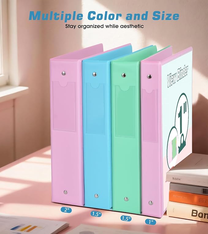 3 Ring Binder 1 inch，Cute Binder Organizer with 5 Tab Dividers Fits 175 Sheets of 8.5x11 Paper, Customizable Clear Cover with Inside Pockets, Aesthetic 1" Three Ring Binders for School Office