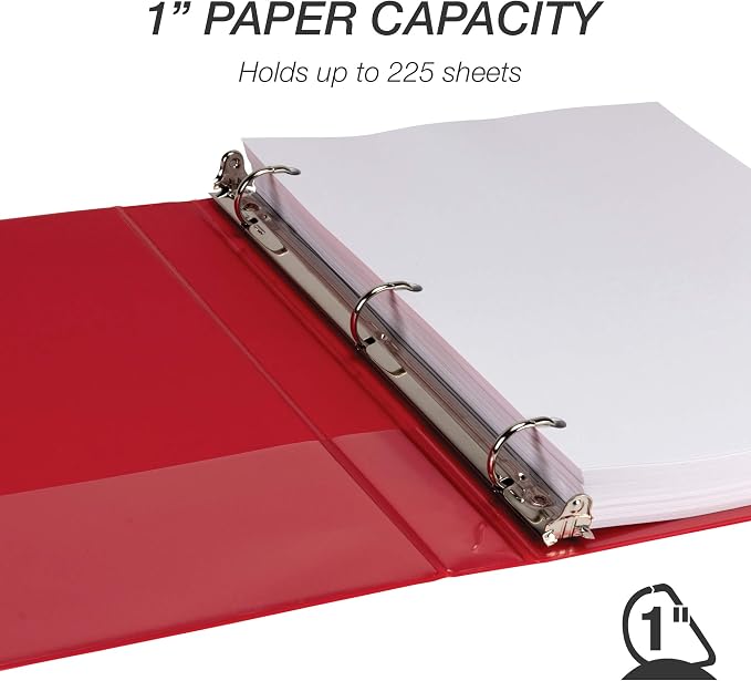 Samsill Durable 1 inch 3 Ring Binder, D Ring Binder, 100% Recycled Chipboard, Red, 4 Pack