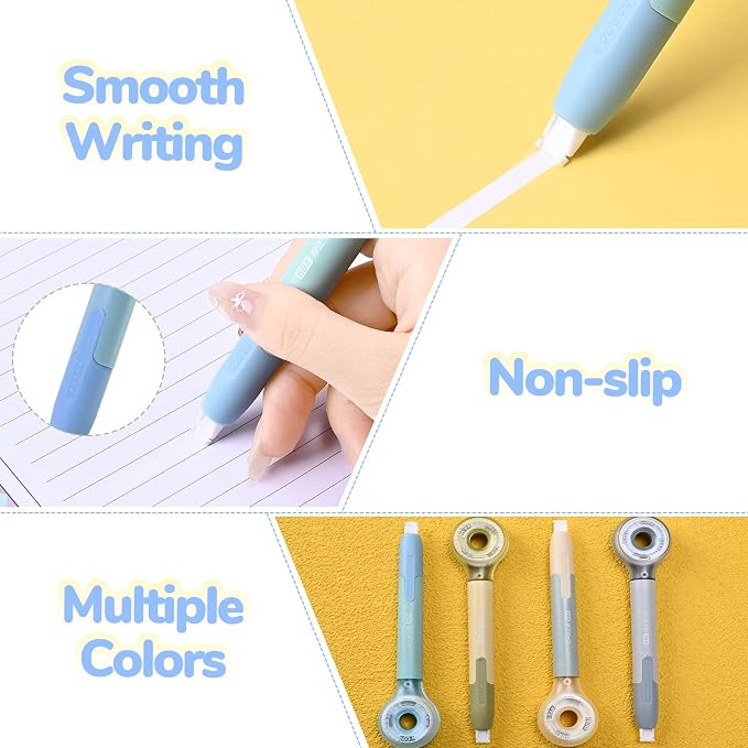 Temiary 4 Pack Correction Tape Pen, 6M/256" x 0.2" White Smooth Pull Out Tape Pens, Qucik Dry Easy to Use Applicator for Instant Corrections Study and Office Supplies (Morandi)