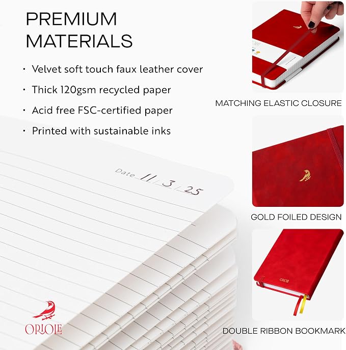 Oriole Vegan Leather Ruled Notebook - Cherry Red | 176 Pages of Thick Lined Paper | Soft Touch Hardcover Journal (5 x 8 in) with Gold Foil Bird Design & Luxury Gift Box