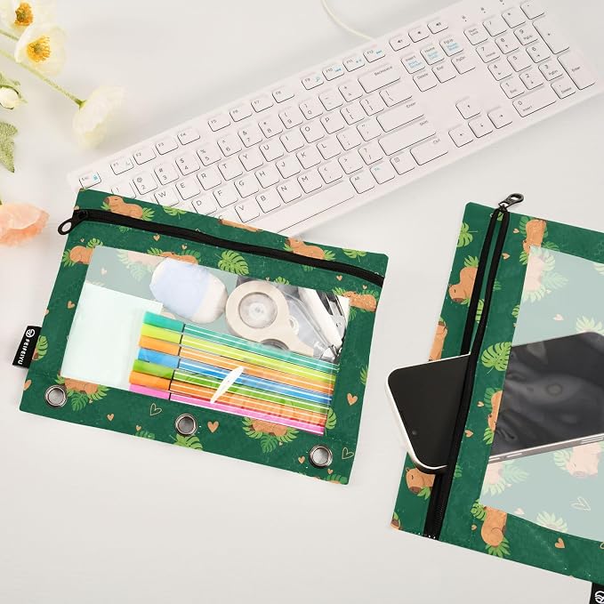 Emelivor Capybara Dark Green Pencil Pouch for 3 Ring Binder 2 Pcs Pockets Pencil Pouches Bag with Clear Pencil Case Cosmetic Bag for Storing College Office Supplies