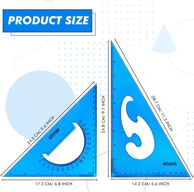 EBOOT 2 Pack Large Transparent Triangle Ruler Set Square Plastic, 30/60 and 45/90 Degrees Angle Drafting Quilting Drawing Tool School Classroom Office Triangular Rulers(Blue)