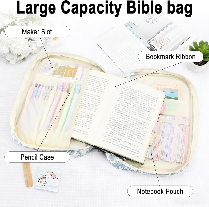 Bible Cover Case Study Supplies for Women Gifts Large Bible Cover with Highlighters Pens Tabs Cute Quilted Carrying Case Journal Kit Accessories Christian Gifts Sticky Notes A
