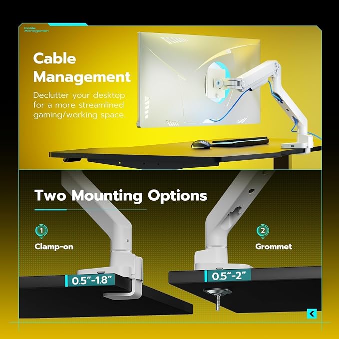 ARES WING Ultrawide Monitor Arm with USB for 17 to 49 Inch Screen, White | Pro Gas Spring, Full Range of Motion, for 75/100 Vesa Mount, for Samsung, LG Curved/Flat Monitor, Easy Install, Hold 44lbs