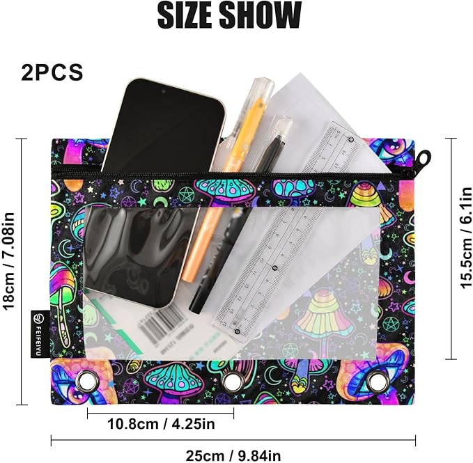 Magic Mushrooms Pencil Pouches for 3 Ring Binder 2 Pack | Binder Pencil Case With Zipper Reinforced GrommetsPencil Bags for Office Organizers