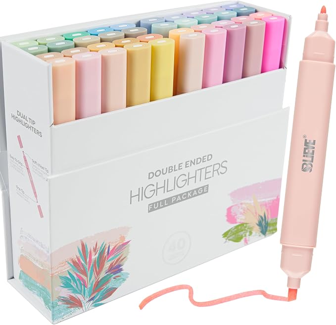 BLIEVE Bible Highlighters No Bleed, Pastel Colors, Dual Tip, 40 Pack | Aesthetic Cute Highlighters, Chisel Tip & Fine Point For Bible & Journaling