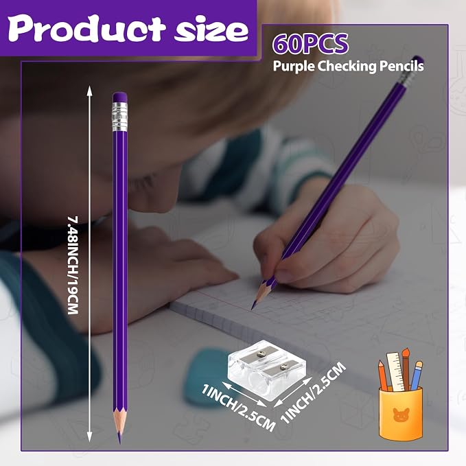 60 PCS Purple Pencils Bulk with Eraser, Pre-Sharpened HB Pencils for Writing & Drawing, School Supplies for Kids Homework, Tests, Art Crafts & Teacher Grading (Purple)