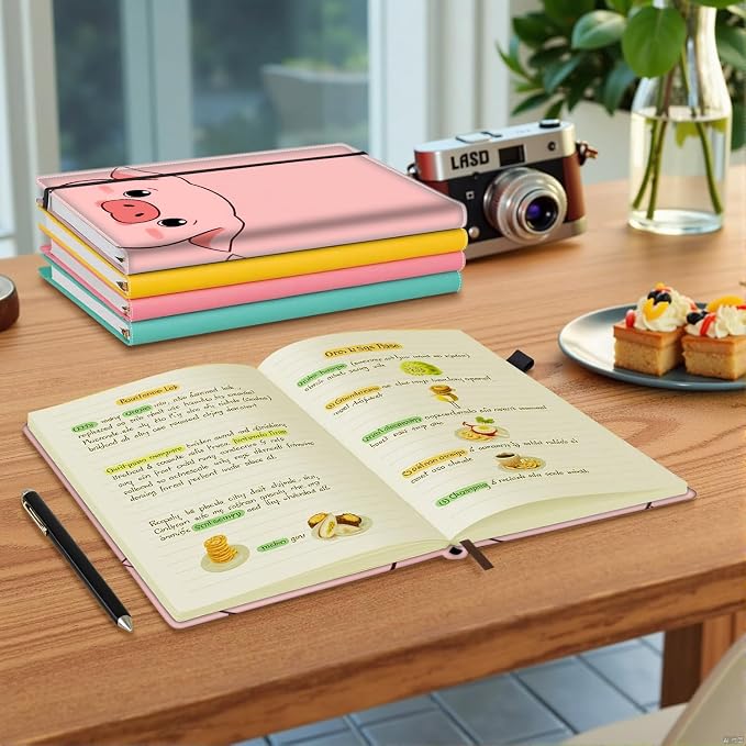 Hardcover Executive Notebooks, A5 PU Leather Lined Journal Notebook, 200 Pages Thick Paper Subject Notebooks for School,Work,Home Writing Business Notebook, Diary Book ， Pink Pig