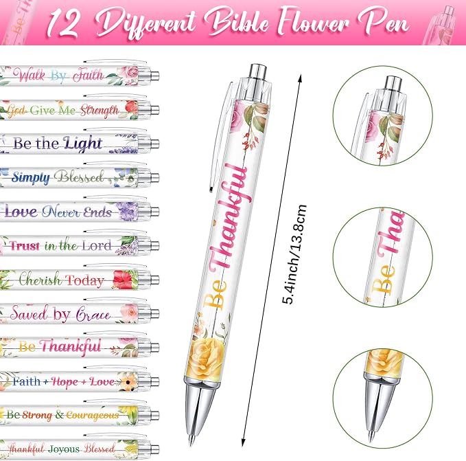 Colarr 12 Sets Christian Bulk Gifts for Women Bible Verse Pens Notebooks Religious VBS Scripture Ballpoint Pens Bookmarks Journal for Easter Sunday School Church Inspirational Supply(Novel Flower)