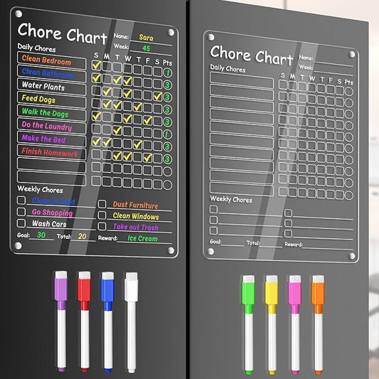Acrylic Chore Chart Clear Dry Erase Checklist Chore Boars for Family Chores Checklist Reward Chart Responsibility Chart, 12x9'', 2 Boards