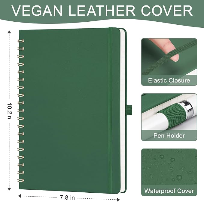 AHGXG Lined Spiral Journal Notebook, 140 Pages, B5 (7.6" x 10") | Journals for Women, Hardcover Leather Notebook College Ruled, 100 GSM Paper, for Work School Note Taking (Dark green)