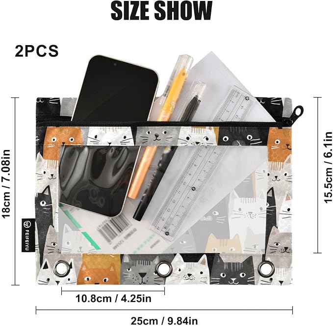 ALAZA Pencil Pouch for 3 Ring Binder, Cartoon Cats Cute Binder Pencil Pouches with Clear Window Zipper Pencil Case Cosmetic Bags for Office College Supplies, 2PCS