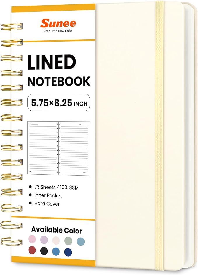 SUNEE Lined Spiral Journal Notebook for Women, 146 Pages College Ruled Hardcover Journaling Notebook for Work, Note Taking and Office School Supplies, A5 - Beige