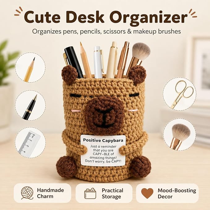 Positive Crochet Capybara Pen Holder - Cute Knitted Desk Organizer for Pens & Makeup Brushes, Funny Emotional Support Capybara Gift for Office & Teachers (Color‌1)