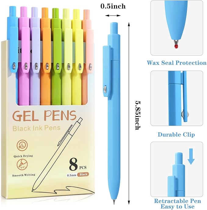 Vitoler Cute Gel Pens, 8 Pack 0.5mm Fine Point Pens with Fidget Quick Dry | For Women, For Teachers, For Nurses, Smooth Writing, Liquid Ink, For Badge, Black ink, Felt Tip, Medium Point, For Journaling