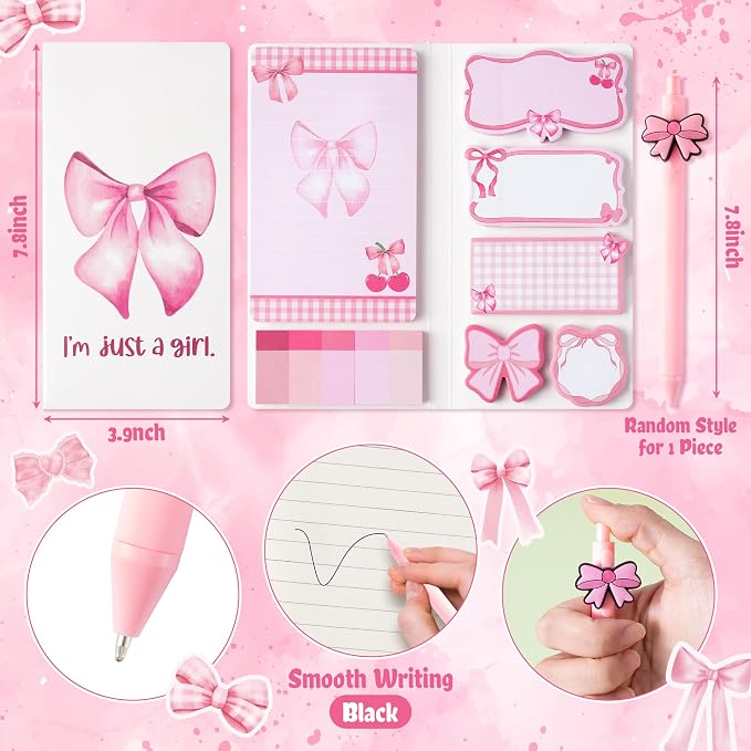 Xqumoi Coquette Pink Bow Stationery Gift Set - Sticky Note A5 Hardcover Ruled Journal Notebook with Planner Sticker Magnet Bookmark Paper Clip Gel Ballpoint Pen for Birthday School Office Supplies