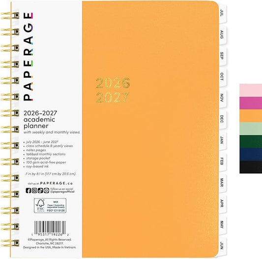 PAPERAGE Academic Planner, Weekly & Monthly Planner & Calendar, 12-Months, July 2026 - June 2027, (7" x 8"), School & Student Planning Agenda with Tabs, Bonus Pages & Inner Pocket, Marigold