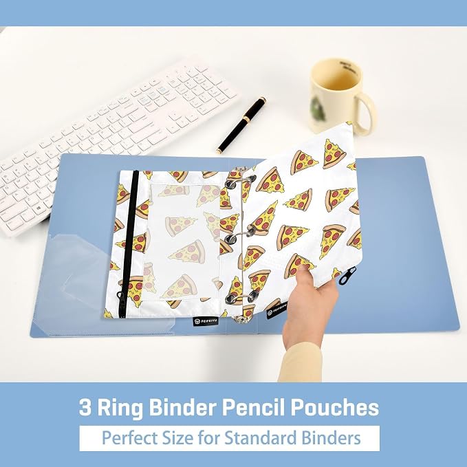 Gredecor Binder Pencil Pouch 3 Ring Pizza Doodle White Zipper Pencil Pouches Case 2 Pack Clear Binder Organizer for School Office