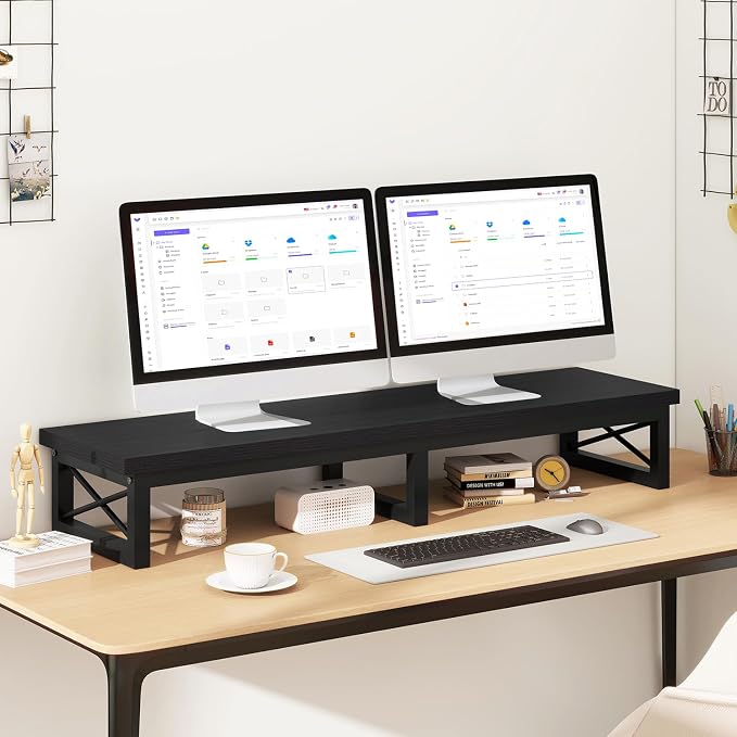 IBUYKE 45" Large TV Riser for 32-60 inch TV,Tabletop Short TV Stand with Storage and Steel Legs,Dual Screen Office Desk,Stand Riser,TV Riser Stand for Home,Bedroom,Living Room,Black TVT002B