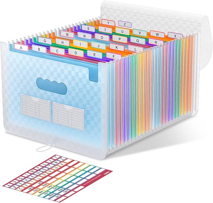 ThinkTex Accordion File Organizer, 26 Pockets Expanding File Folders, Blue | Monthly Bill Receipt Documents Organizer, A-Z Colorful Tabs, Letter/A4 Size for Classroom Office Organization Home Hospital