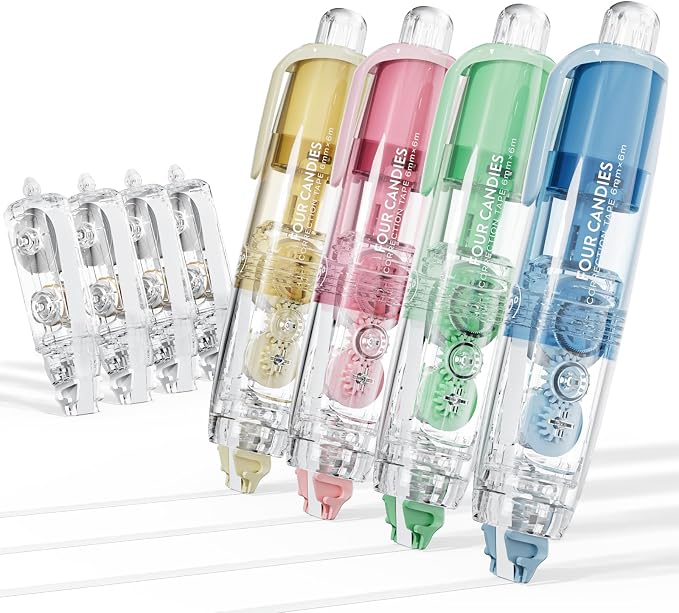 Four Candies 4 Pack Refillable Correction Tape, Pen Style, Quick Dry | Pen-style design, retractable applicator, includes 4 extra refills, smooth correction, ideal for school, office, journaling.