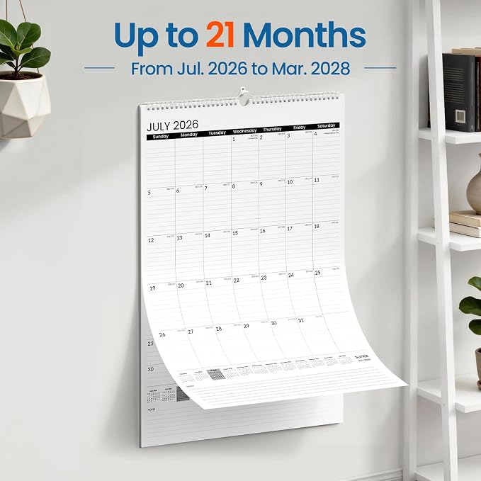 SUNEE 2026-2027 Wall Calendar Large 22.75"x15.5", 21 Month July Calendar (Ends March 2028), Vertical Extra Large, Black Minimalism