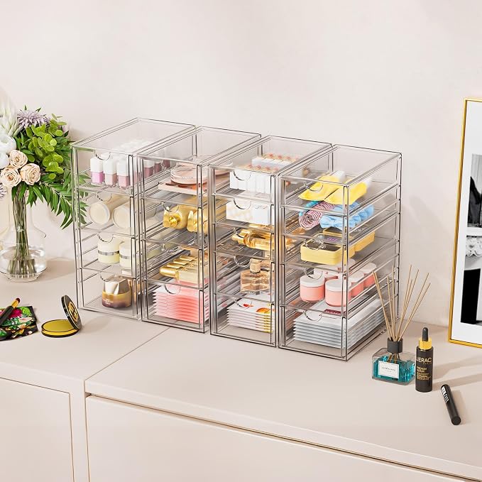 YFXCVSL Acrylic Makeup Organizer with 31 Drawers, 6 Pack Clear Storage Drawers, Bathroom Makeup Organizer for Palettes, Cosmetic, and Beauty Supplies,Ideal for Vanity, Cabinet,Desk Organization