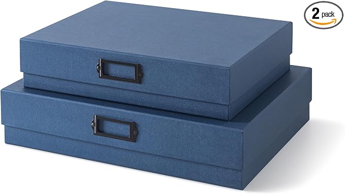 Soul & Lane - Legal Size Document Storage Boxes with Lids, Set of 2, Blue | A3 Decorative Boxes for Art, Scrapbooks and Papers with Metal Label Holders, Cardboard Photo Keepsake Storage for Memories