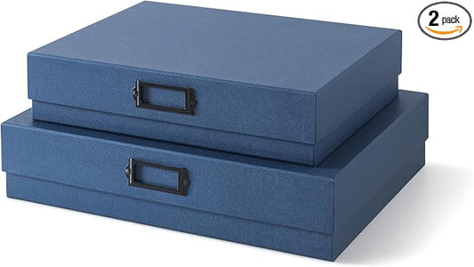 Soul & Lane - Legal Size Document Storage Boxes with Lids, Set of 2, Blue | A3 Decorative Boxes for Art, Scrapbooks and Papers with Metal Label Holders, Cardboard Photo Keepsake Storage for Memories