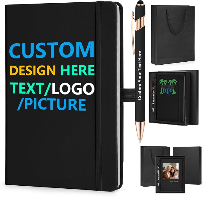 ENOMY Personalized Notebook Writing Set A5 Journal PU Leather Custom Notebook 200 Lined Pages Business Notebook with Metal Pen Gift Box for Holiday College Birthday Business Gift, Black