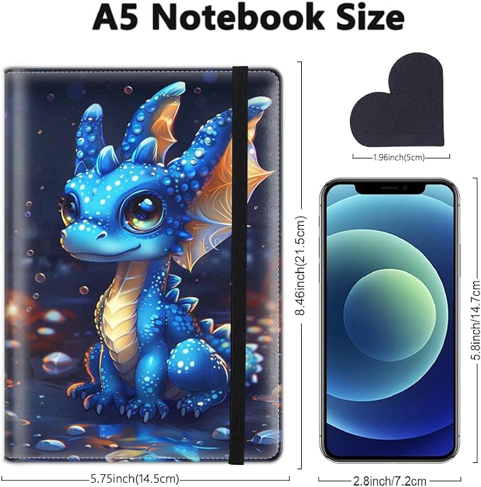 A5 Leather Lined Journal Notebook, 200 Pages Hardcover Executive Notebook for Men Women Office School Note Taking, Thick Writing Paper Daily Journal with Bookmarks/Indexes,Baby Dragon