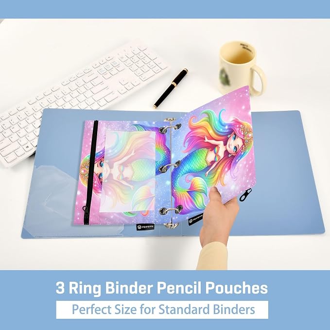 Gredecor 3 Ring Binder Pencil Pouch, Fantasy Mermaid Rainbow (2) Zippered Pen Case Pouches with Clear Window, 2 Pack Stylish Office & School Supplie