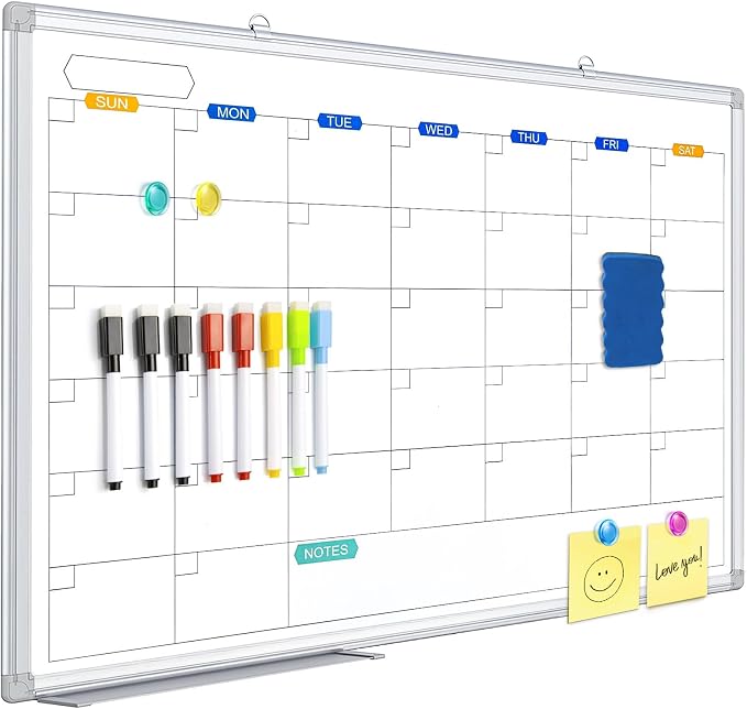 White Board Calendar Dry Erase for Wall, 36" x 24" Aluminum Frame | Magnetic Monthly Planner Board, Wall Mounted or Hanging. Calendar Design Suitable for Daily Planning of Home, Office, Class