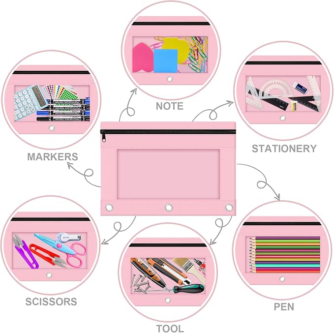 Pencil Pouch for 3 Ring Binder, 2 Pack Pencil Bags with Zipper, Pink Pencil Case for Classroom School Office Supplies, Large Sturdy and Durable Cloth Pencil Pocket for 3 Holder Binder