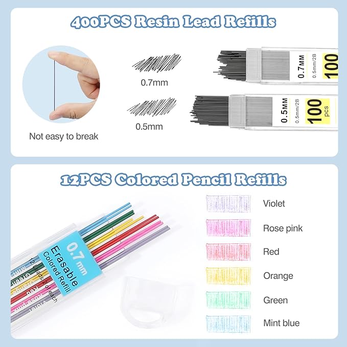 MoKo Pencil Case with Supplies, 60Pcs Aesthetic School Set, Blue | Includes highlighters, gel and ballpoint pens, mechanical pencils, refills, sticky notes, correction tapes and rulers.
