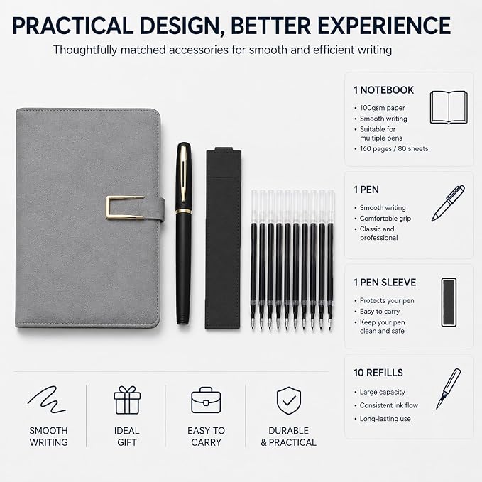 CRME Lined Journal Notebook Gift Set,A5 Hardcover Diary with Ballpoint Pen and Pen Sleeve for Office School and Note Taking,Sky Blue