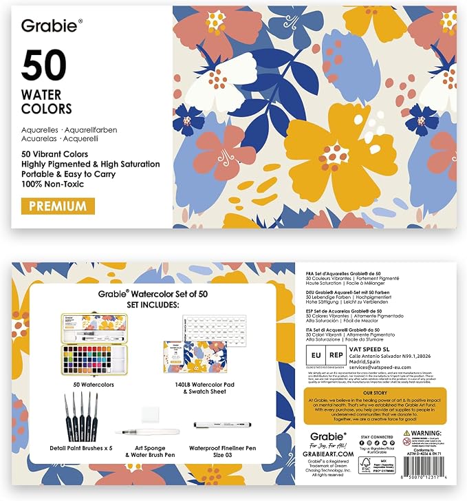 Grabie 50 Colors Premium All-In-One Water Color Paint Set - Detail Paint Brush Included, Watercolor Paints, Painting Sets, Art Supplies, Portable & Travel Watercolor Set, Amateur Hobbyists, Set of 50