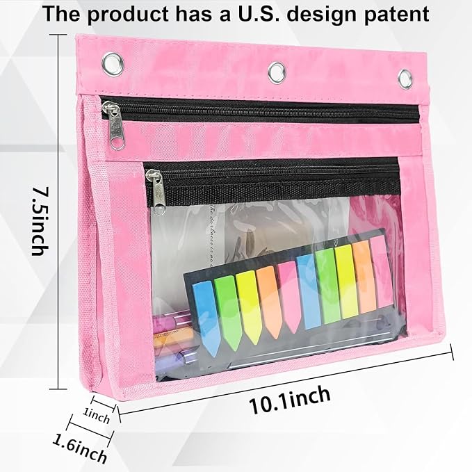 YoeeJob 2 Pack 1 Inch Expandable Zipper Pencil Pouches with Clear Window for 3 Ring Binder, Suitable for School & Office (Grey+Pink)