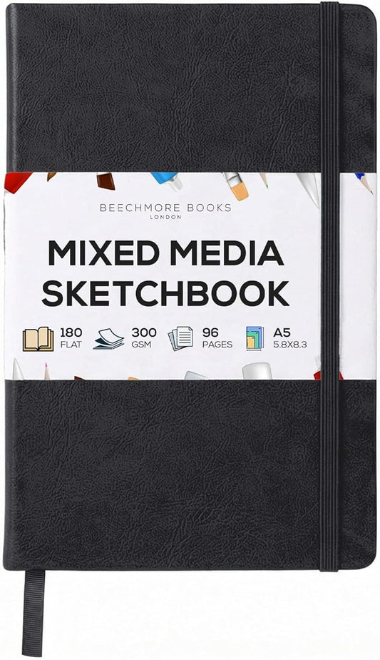Beechmore Books 300 GSM Heavyweight Mixed Media Sketchbook A5 5.8" x 8.3" Vegan Leather Hardcover Professional Art Journal for Paintings, Gouache and Ink