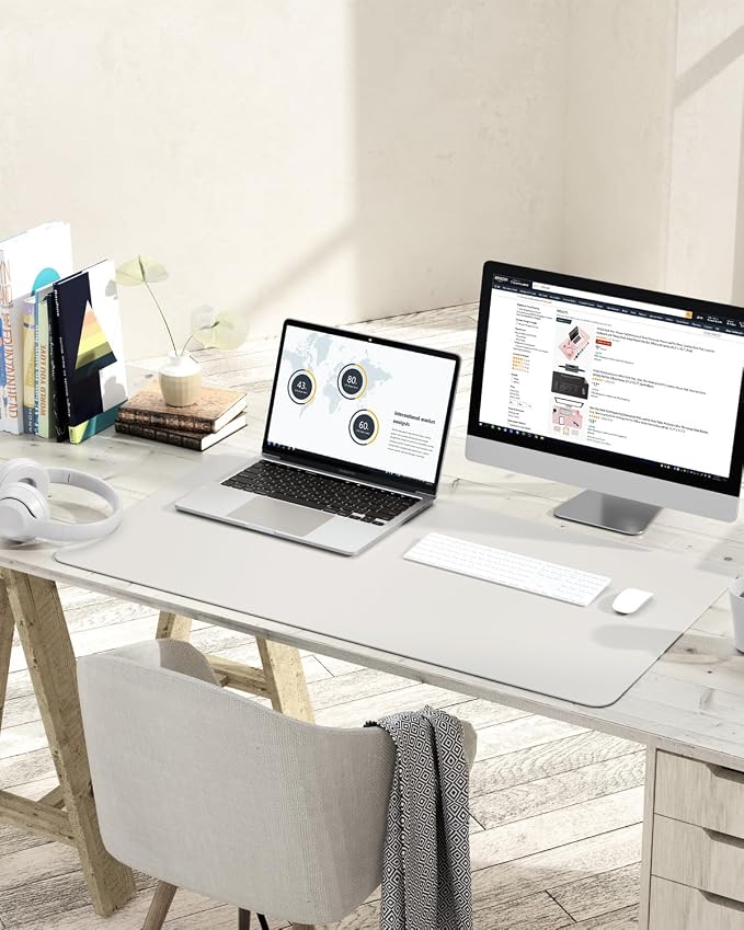 YSAGi Non-Slip Leather Desk Pad L Size, Waterproof Laptop Computer Desk Keyboard Mat, Table Protector Blotter Mat, Large Mouse Pad for Office/Work/Home/Decor(Apricot Gray, 35.4" x 17")