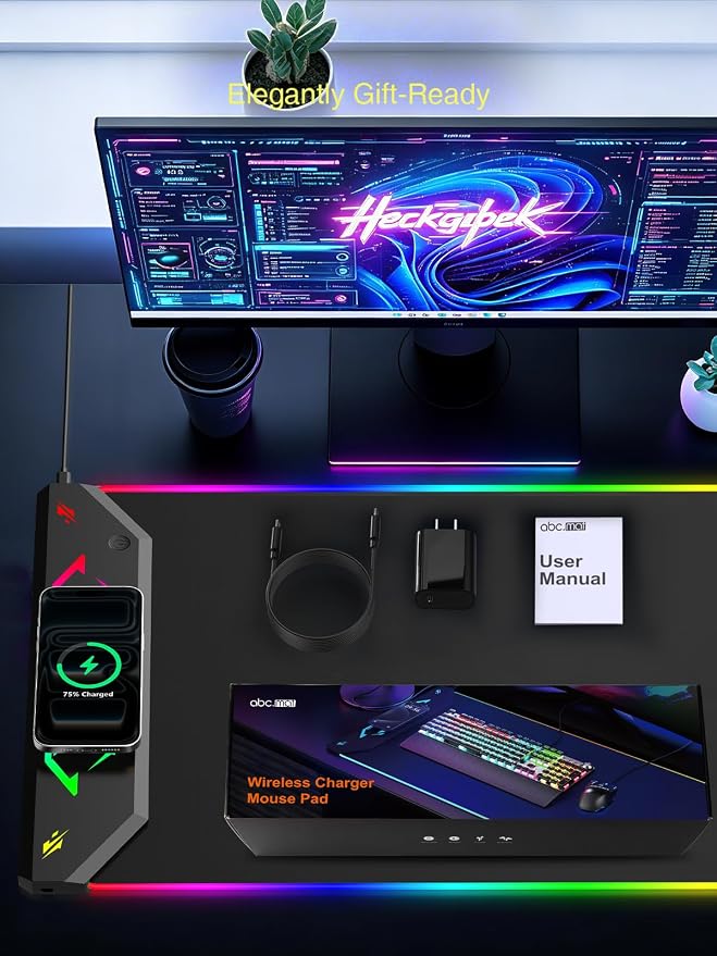 Magnetic Wireless Charging Mouse Pad Gaming, 31.5"x15.8" Large Desk Mat | RGB Mousepad, Smooth Glide, Stitched Edge, Non-Slip Rubber Base, Desk Pad Computer Keyboard Mat, No Adapter
