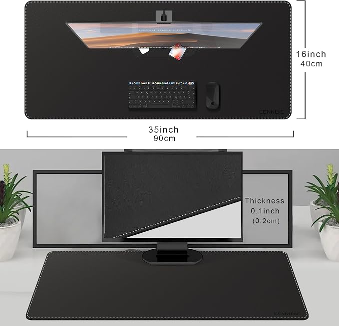 CENNBIE Leather Desk Mat Protector, 35.5" x 16" Office Desk Pad (Black) | Premium stitched edges resist wear. Easy to clean. Protects desk from spills, stains ,scratches. Smooth glide. Office & home.