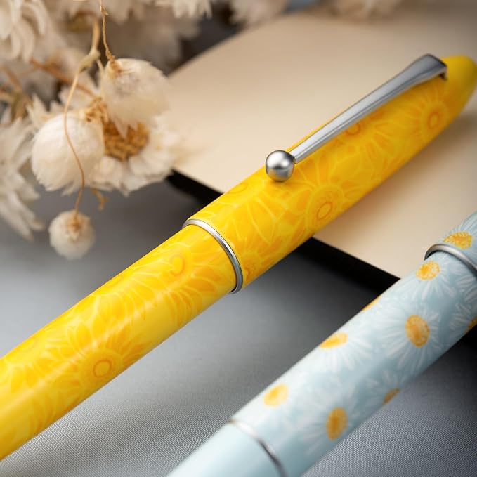HONG DIAN C3 Fountain Pen, Iridium Extra Fine Soft Nib Chinese Knot Carving, Bright Yellow & Sunflower Painting Design with Metal Box Set