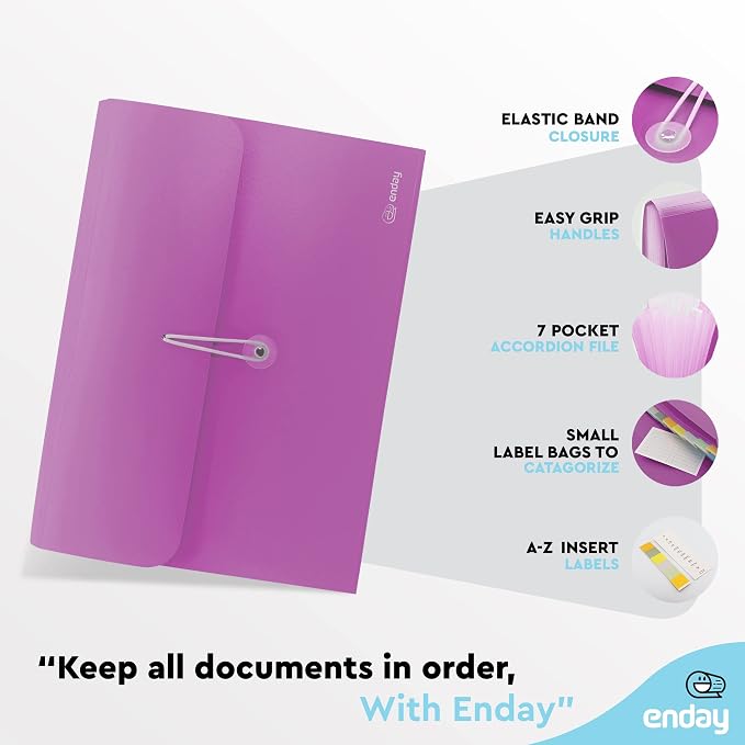Accordion File Organizer Purple, 7 Pocket Expanding File and Cover Folder with Labels, Plastic Portable Desktop Letter A4 Paper, Also Available in Red, Green, Pink, Blue, Grey, 1 Pc – By Enday