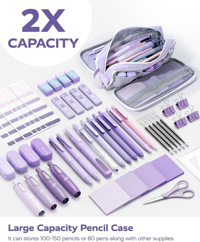 Four Candies Aesthetic Purple School Supplies Kit with Case for Girls | Back to School Stationery Set with Pens, Highlighters, Mechanical Pencils, Sticky Notes for Students, College, Journaling
