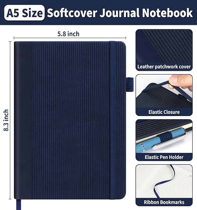 Lined Journal Notebook, A5 Vegan Leather College Ruled Notebook for Women Men, Daily Journaling Notebook 192 Pages for Work, School, Business, Travel, Note Taking(Dark Blue)