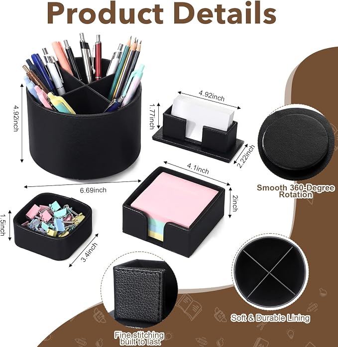 4 Pcs Rotating Leather Pen Holder for Desk Organizer Office Supplies Business Card Sticky Note Holder Paperclip Storage Desk Accessories Set for Teacher Back to School Gift(Black)